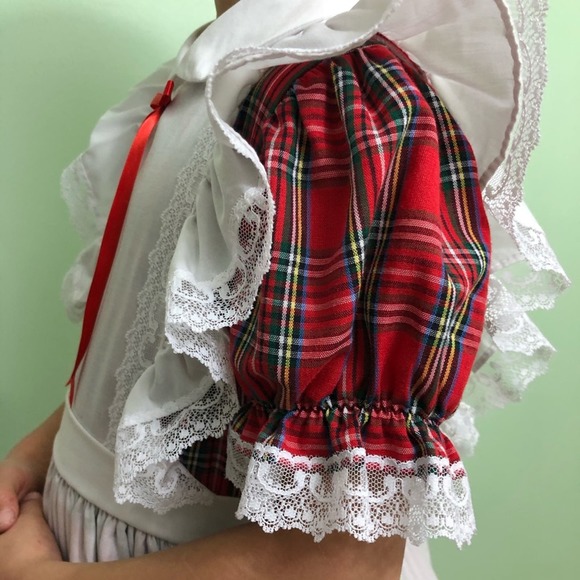 Vintage Golden Age Full Circle Plaid Pinafore Party Dress Ruffles Lace 80s - Picture 6 of 12